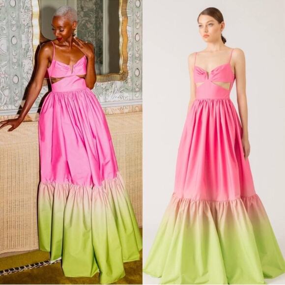 SAU LEE Nova Cutout Pink Chartreuse Green Ombre Maxi Gown Size 2 - Picture 3 of 12